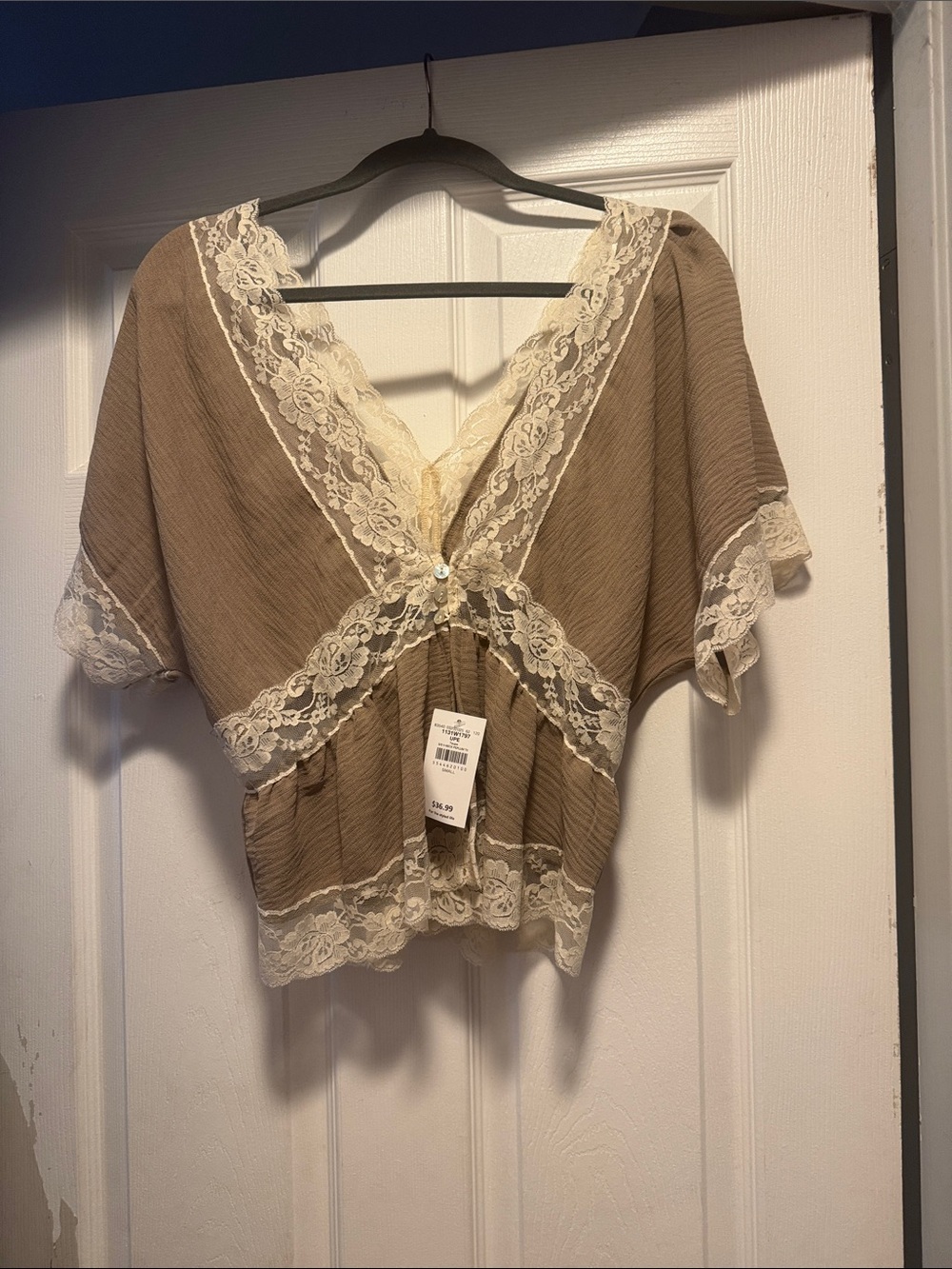 Daytrip Taupe Top with Cream Lace Trim